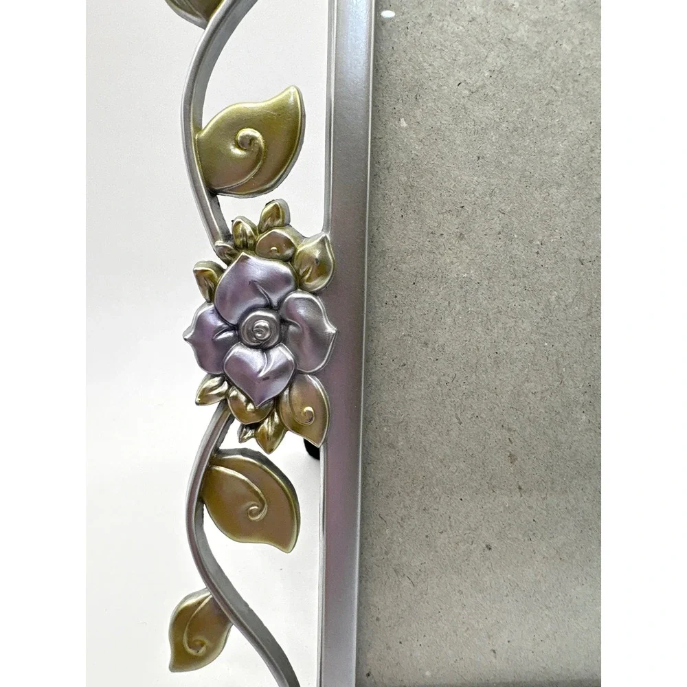 Vintage Connoisseur Pewter Silver Enamel Purple Rose Floral Picture Frame 4x6